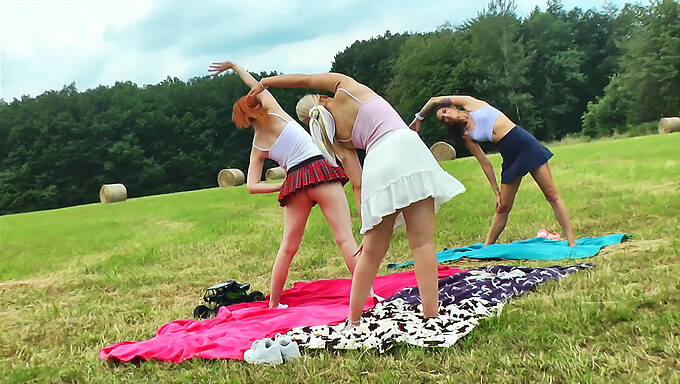 Fitness Girls Showcase Their Skills In Yoga And Gymnastics Outdoors In School Uniforms