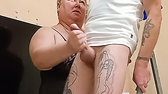 My Mother-In-Law Assists In Fixing The Chandelier And Gives Me A Handjob For A Close Up Cumshot