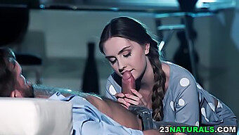 Lena Reif Seductively Gives Her Hard Working Man A Deep Blow Job In Pyjamas.